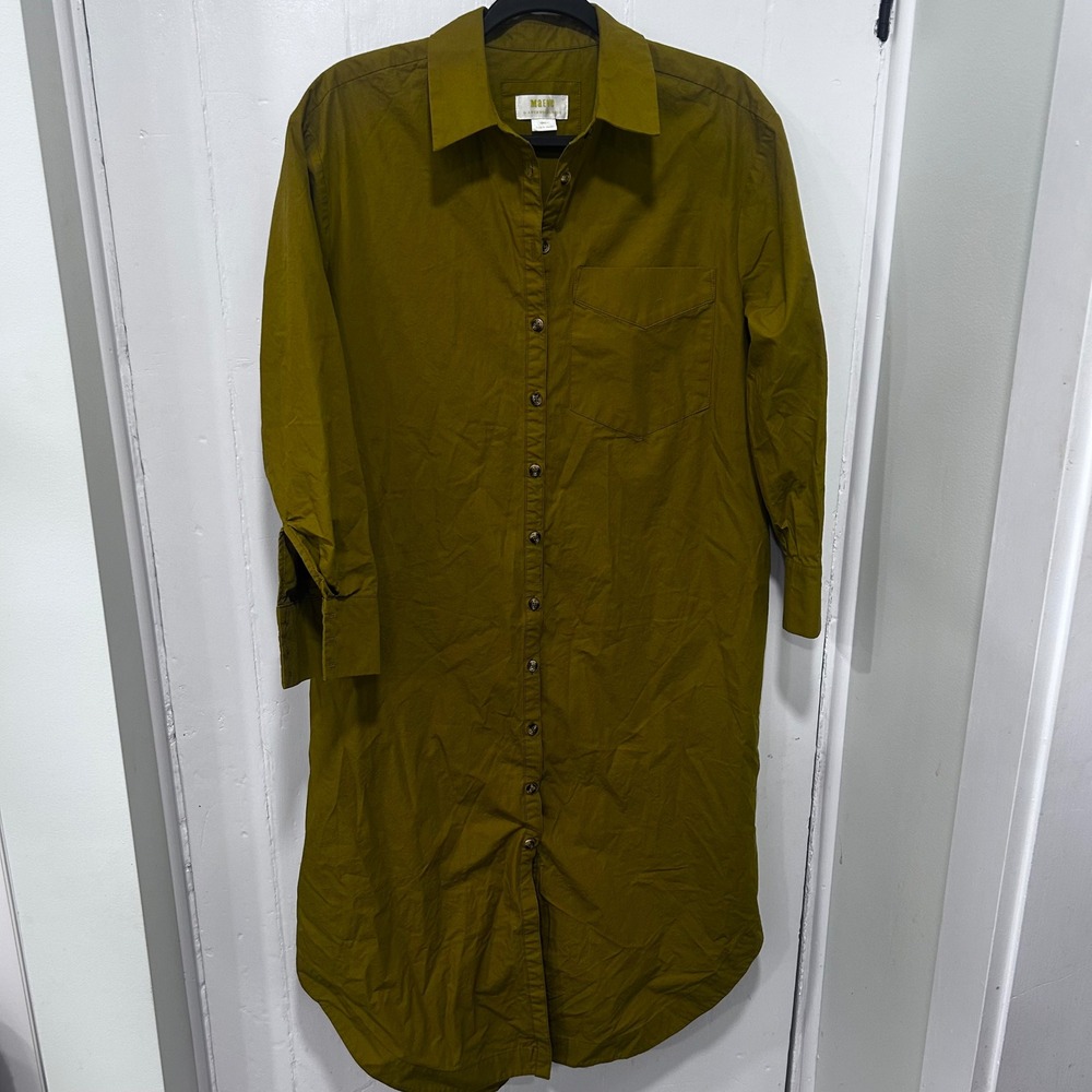 Maeve Anthropologie Mustard yellow beige Cotton Button Down Midi Shirt Dress S